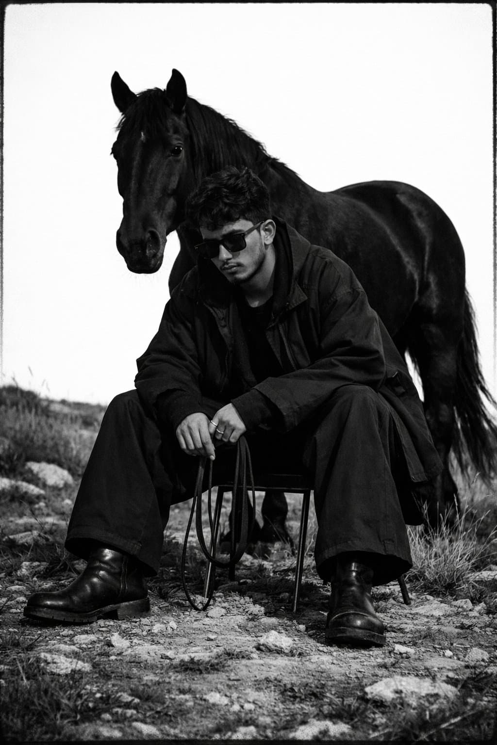 A dramatic black and white portrait of Rabbin Zaman seated with a horse.